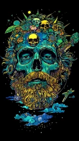 Psychedelic skull portrait merges cosmic night and wild nature