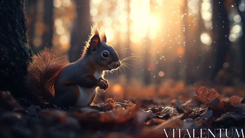 Backlit red squirrel in shallow-depth forest bokeh environment
