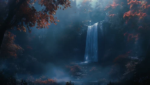 Vertical Cascade Through Misty Autumn Forest Canyon with Volumetric Lighting