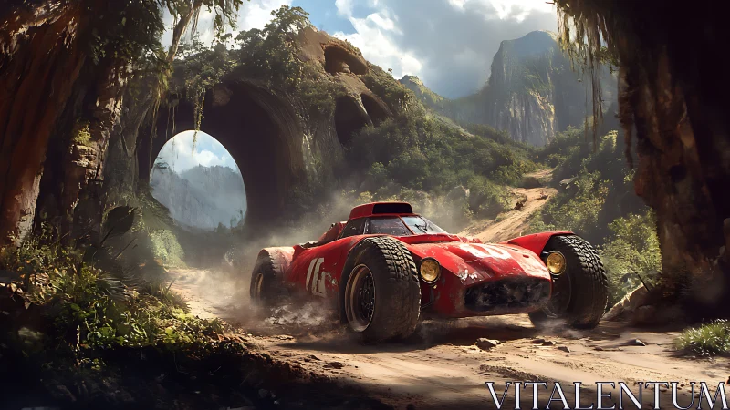 Rugged red rally car storms through lush jungle canyon.