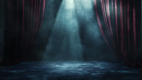 Empty theater stage with dramatic spotlight and curtains.