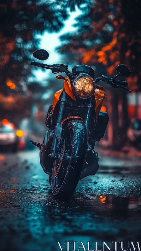 Motorcycle stands in wet street under dramatic evening rain