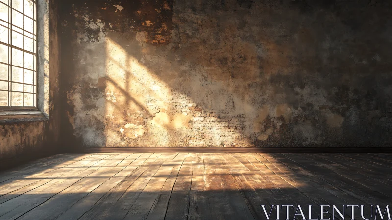 Oblique sunlight grazes a weathered industrial loft interior