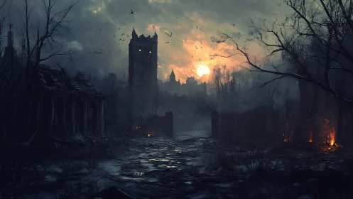 Backlit ruined cityscape with fog, silhouetted spires and residual fires