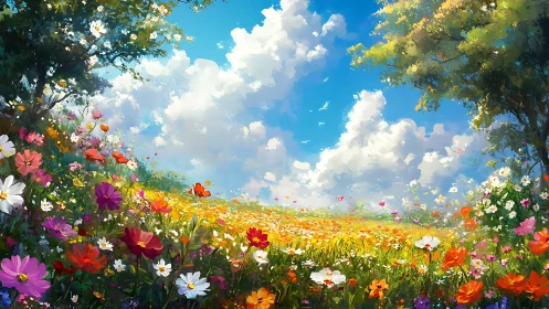 Sunlit wildflower meadow stretches under vibrant summer sky