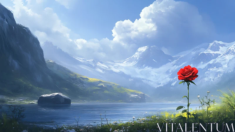 Single red rose by clear mountain lake under bright sky.