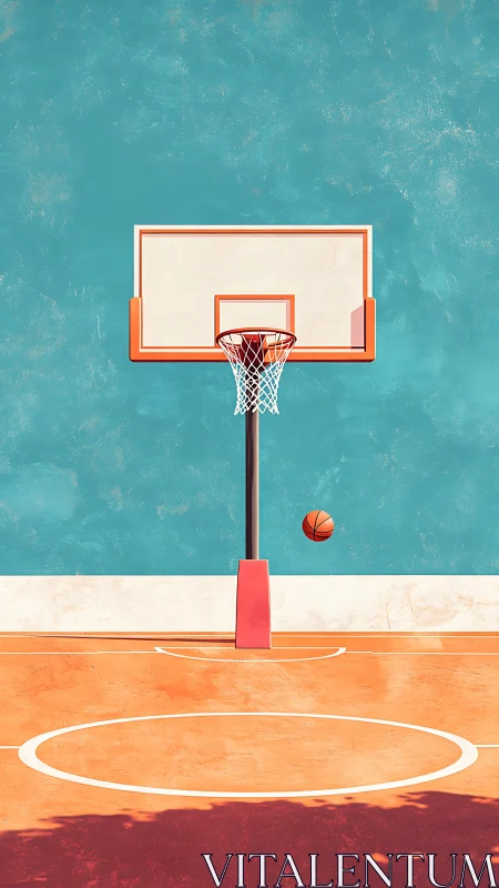 Basketball hoop stands over empty outdoor court scene