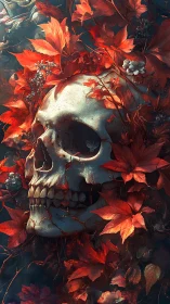 Skull entwines with blazing red leaves in moody twilight.