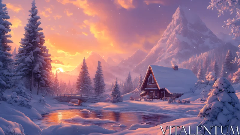 Snowy mountain cabin glows beneath a vivid winter sunset.