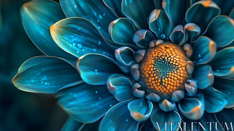 Radiant teal petals curl around a glowing golden flower heart