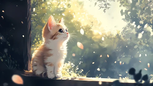 Kitten Portrait with Warm Backlighting and Falling Foliage.