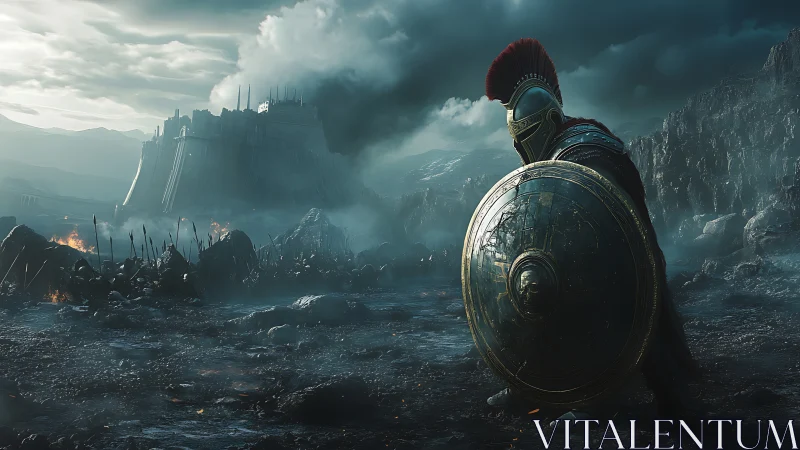 Armored hoplite guards a stormlit fortress in cinematic chiaroscuro