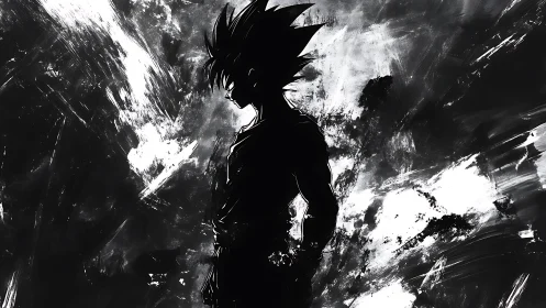 Stormlit warrior silhouette in a swirling ink night.