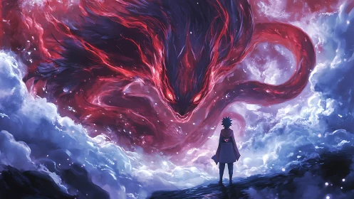 Digital painting of lone hero confronting cosmic demon storm.