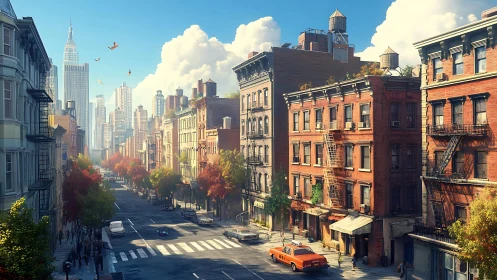 Sunlit autumn avenue with brownstones and distant skyline
