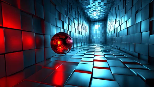 Red reflective sphere in blue metallic cube corridor.