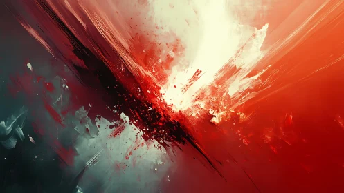 Dynamic abstract explosion in bold red and teal brushstrokes.
