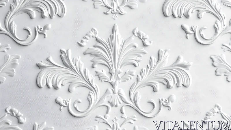 Ornate white baroque scrollwork in repeating relief pattern.