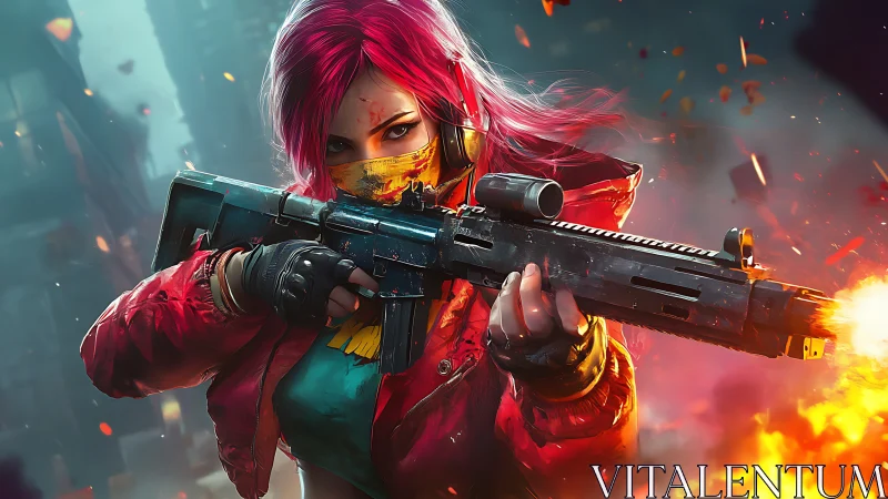 Cyberpunk sniper aims rifle amid neon urban firefight