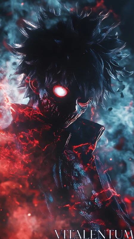 Dark anime figure with glowing eyes in red energy storm.