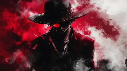 Shadowed figure with red eye stands in smoky red background