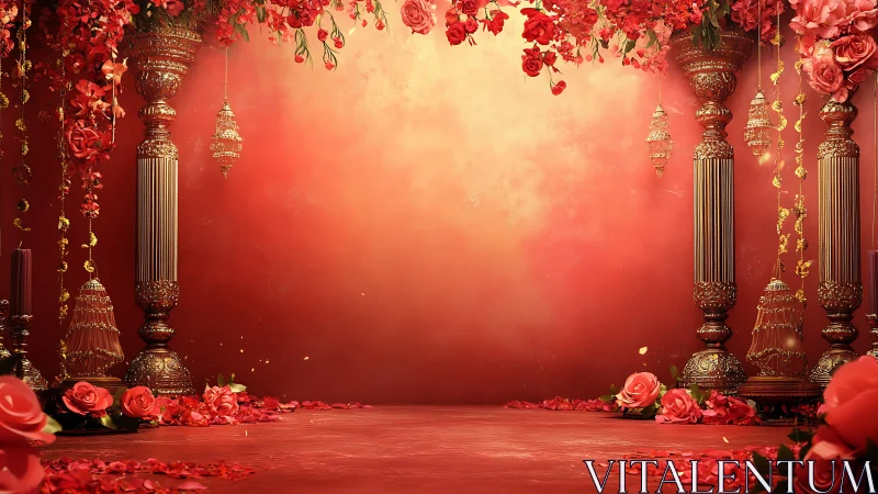 Opulent red floral stage with ornate gilded columns and lanterns.