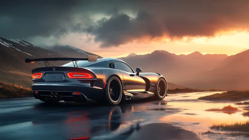 Track-ready silver supercar on wet mountain pass at sunset