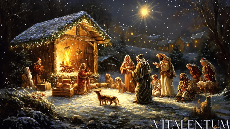 Nativity scene shows figures around manger in snowy night