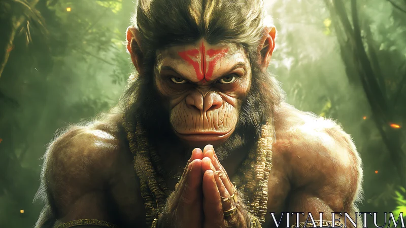 Jungle warrior deity in prayerful focus and emerald light.