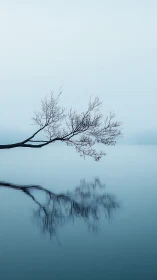 Bare winter branch arches over misty blue lake reflection