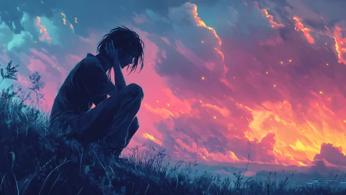 Silhouetted figure in contemplative pose under vivid sunset sky.