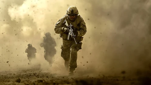 Soldiers advancing through dense battlefield dust clouds.