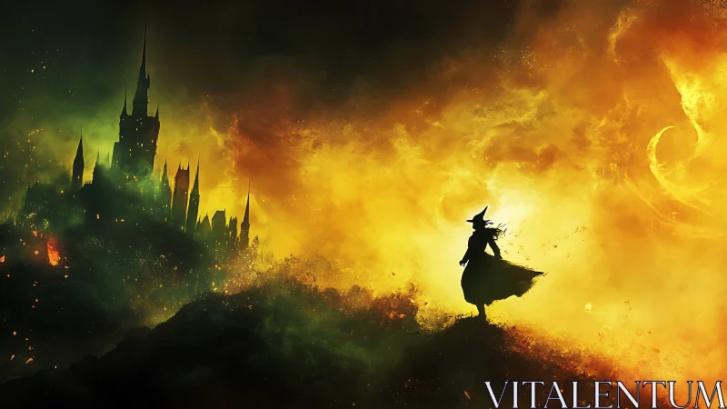 Wandering witch pauses before a glowing, stormy castle sky.