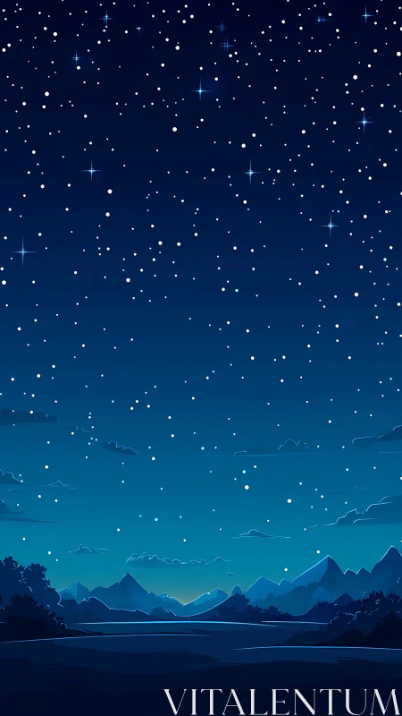 Starry night sky above stylized mountain valley horizon.