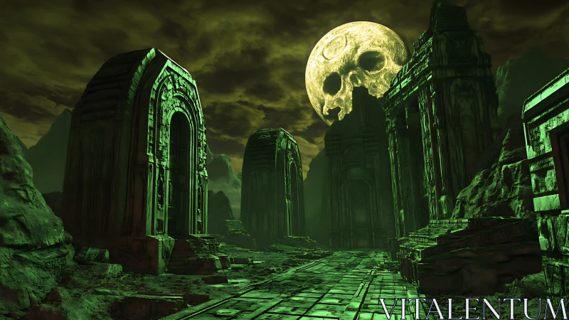 Moonlit skull eclipse looms above haunted green ruins tonight