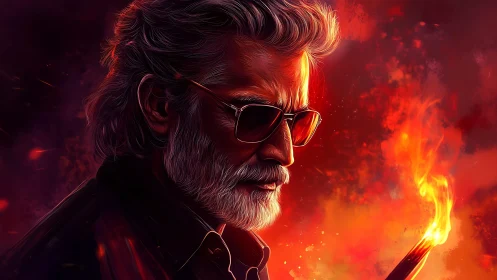 Older bearded man in profile holds burning object in hand