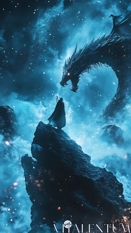 Vertical fantasy scene of cloaked mage confronting dragon silhouette.