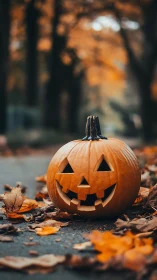Autumn path jack o’lantern under shallow depth-of-field focus.