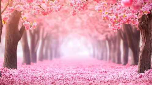 Cherry blossom tree tunnel with dense pink flower canopy.