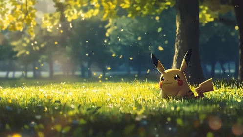 Pikachu enjoys golden sunlight in a peaceful forest meadow