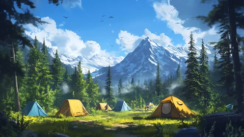 Sunlit mountain camp ringed by evergreens and soaring peaks.