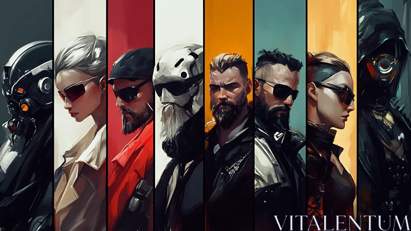 Cyberpunk character lineup in vertical segmented composition.