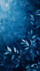 Textured blue botanical panel with luminous foliage accents.