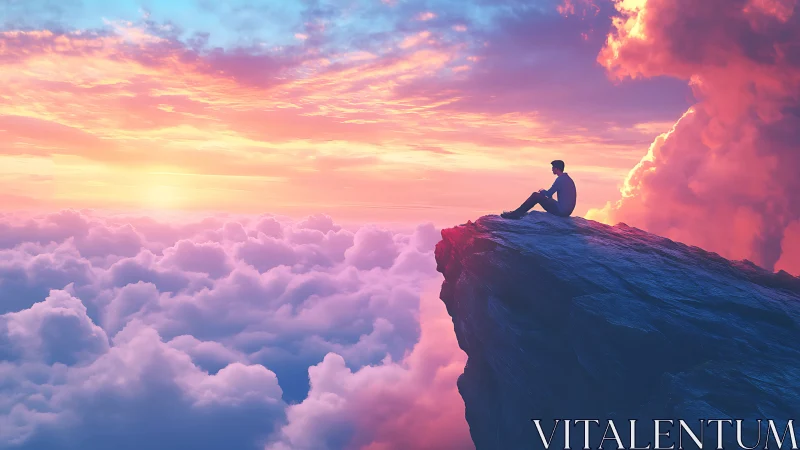 Solitary dreamer studies sunrise from a cliff above clouds