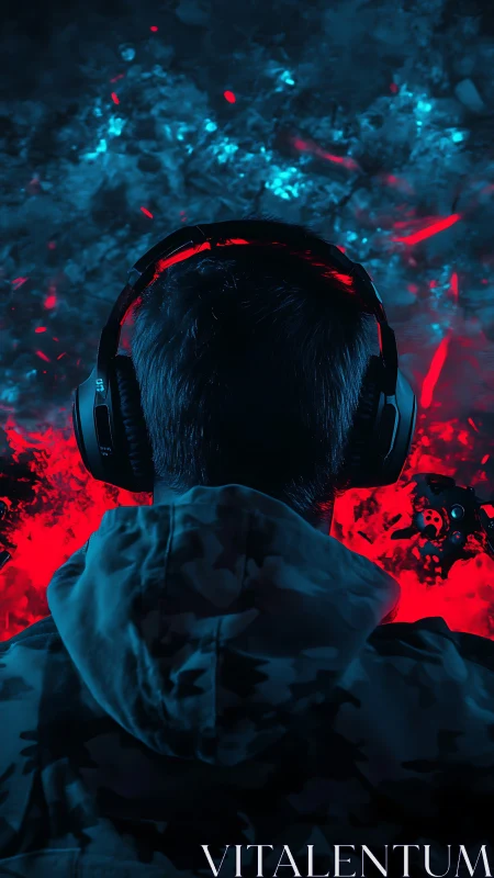 Neon gamer locked in a blazing red and cyan digital storm.