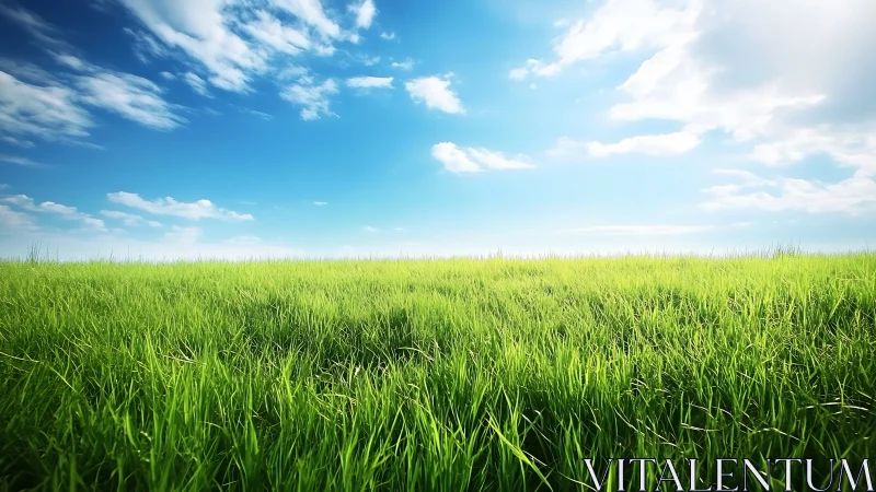 Sunlit grassland under deep blue sky with soft clouds.
