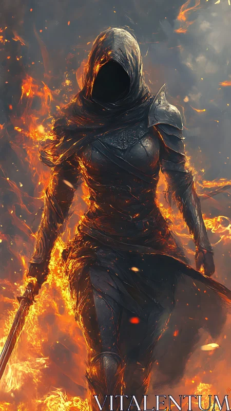 Hooded armored figure strides forward surrounded by fire