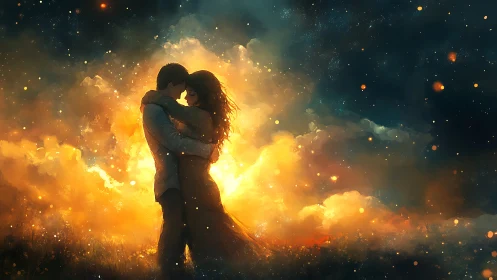 Silhouetted Couple Embracing Within Luminous Golden Atmospheric Cloud Formation.
