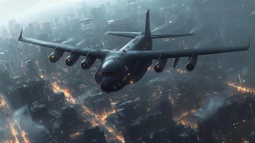 Stealth cargo jet glides over neon city at stormy dusk.