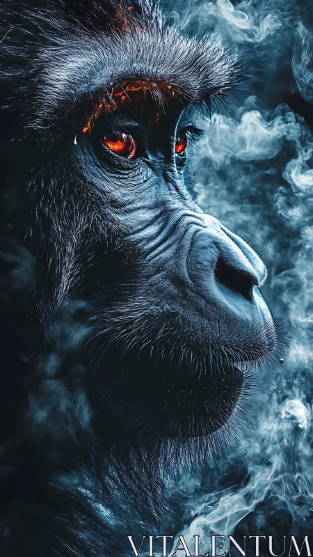 Mystic gorilla portrait with ember eyes in swirling smoke.